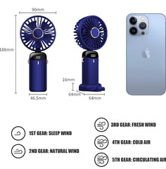 Hand Held Fan,Portable Handheld USB Rechargeable Fans with 5 Speeds,Battery Operated Mini Fan Foldable Desk Desktop Fans with LED Display for Home Office Bedroom Outdoor Travel (DarkBlue)