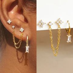 14K Gold Chain Stud Earrings for Women – Minimalist Huggie Hoop Birthstone Set