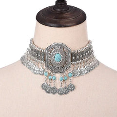 Ethnic Style Vintage Choker Necklace Earrings Set For Women Simulated Pearl Beads Jewelry Sets Resin Stone Crystal Jewelry Set