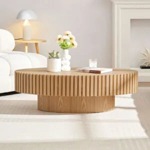 Modern Handmade Oval Drum Coffee Table | Natural Ash Wood Look, 43.7"