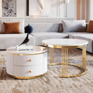 Modern White Nesting Coffee Table Set with Drawers – 2 Piece, 27.6" Round