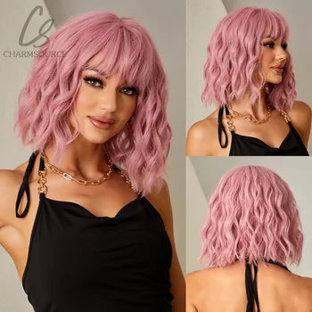 Pink Bob Wig for Women | Short Wavy Synthetic Hair, Heat Resistant