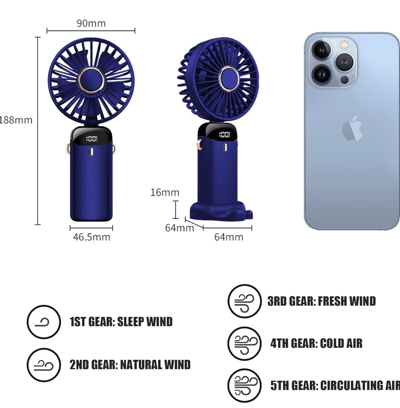 Hand Held Fan,Portable Handheld USB Rechargeable Fans with 5 Speeds,Battery Operated Mini Fan Foldable Desk Desktop Fans with LED Display for Home Office Bedroom Outdoor Travel (DarkBlue)