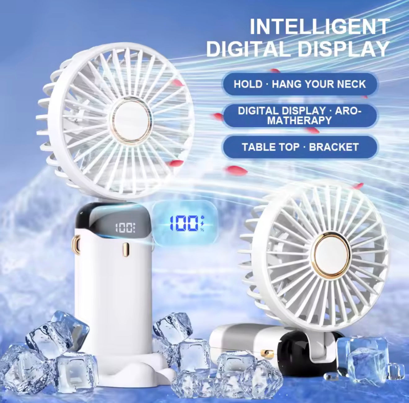Hand Held Fan,Portable Handheld USB Rechargeable Fans with 5 Speeds,Battery Operated Mini Fan Foldable Desk Desktop Fans with LED Display for Home Office Bedroom Outdoor Travel (DarkBlue)