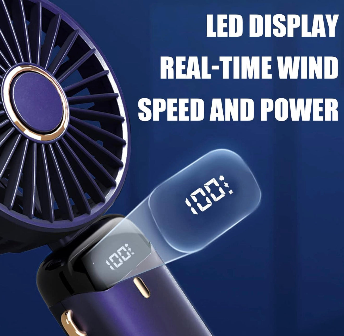 Hand Held Fan,Portable Handheld USB Rechargeable Fans with 5 Speeds,Battery Operated Mini Fan Foldable Desk Desktop Fans with LED Display for Home Office Bedroom Outdoor Travel (DarkBlue)
