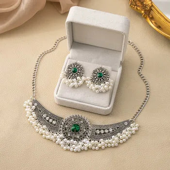 Vintage Silver Color Statement Collar Choker Pearl Tassel Necklace Earring Jewelry Sets Women