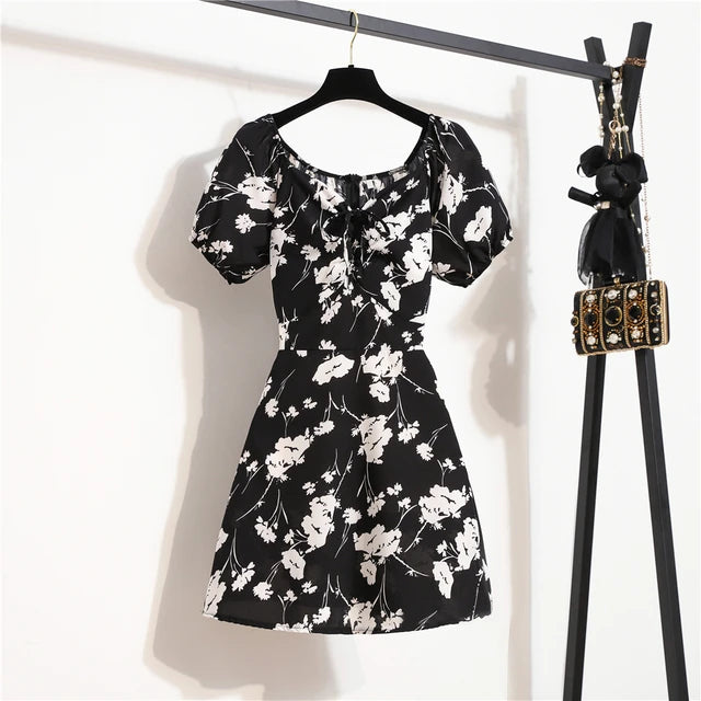 Floral Chiffon Mini Dress for Women – Summer Casual Puff Sleeve Dress