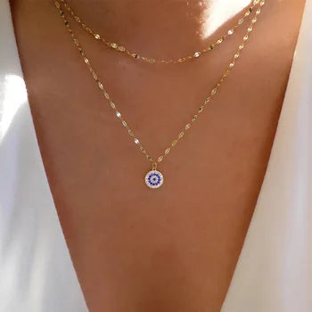 Devil's Eye Pendant Necklace – Gold Double Layer Chain for Women