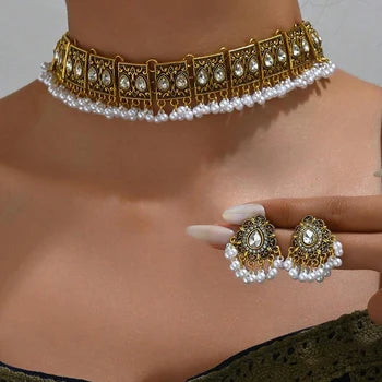 Rhinestone Jewelry Sets Metal Beads Tassel Multilayer Necklace & Earrings Set For Women
