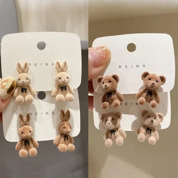 New Design Cute Flocking Plush Rabbit & Bear Stud Earrings for Women
