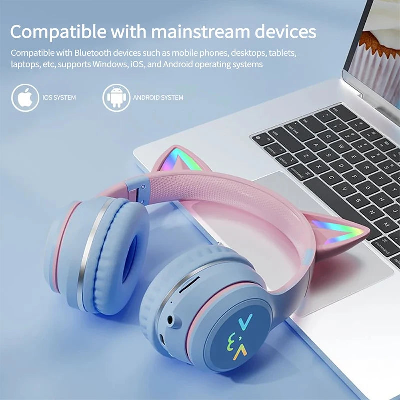 Xiaomi Bluetooth Cat Ear Headphones with Mic - Wireless RGB Earphones for Kids, Girls, Music & Gaming - purple