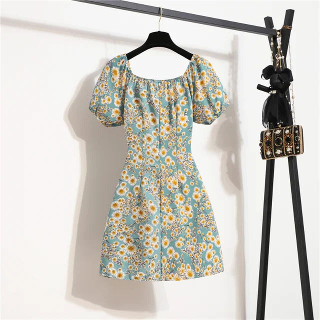 Floral Chiffon Mini Dress for Women – Summer Casual Puff Sleeve Dress