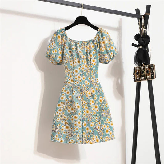 Floral Chiffon Mini Dress for Women – Summer Casual Puff Sleeve Dress