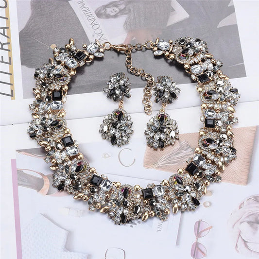 Fashion AB White Crystal Rhinestone Choker Necklace Earrings Women Jewelry Sets Indian Large Collar Statement Wedding Necklace