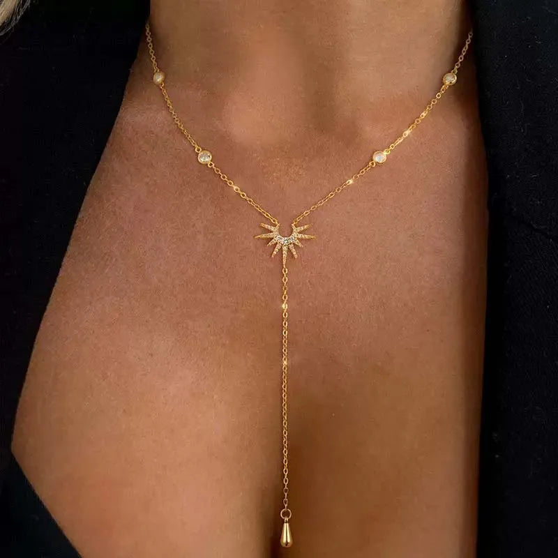 Luxury Sun Zircon Water Drop Pendant – Fashion Gold Color Y-Shaped Long Tassel Necklace for Women