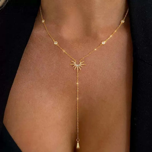 Luxury Sun Zircon Water Drop Pendant – Fashion Gold Color Y-Shaped Long Tassel Necklace for Women