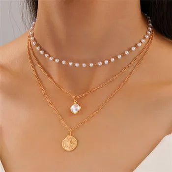 2025 New Fashion Multi Layer Pearl Choker Necklace Cute 3 Layer Chain Coin Pendant Neckalce For Women Jewelry Girl Gift