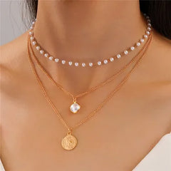 2025 New Fashion Multi Layer Pearl Choker Necklace Cute 3 Layer Chain Coin Pendant Neckalce For Women Jewelry Girl Gift