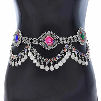 Boho Colorful Acrylic Crystal Beads Coins Belly Chains Vintage Afghan Ethnic Dress Belt India Pakistan Female Waist Body Jewelry