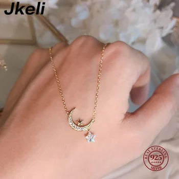 925 Sterling Silver 14K Gold Plated Zircom Necklace Shining Star Pendant Choker Chain Simple Necklace Gift for Women