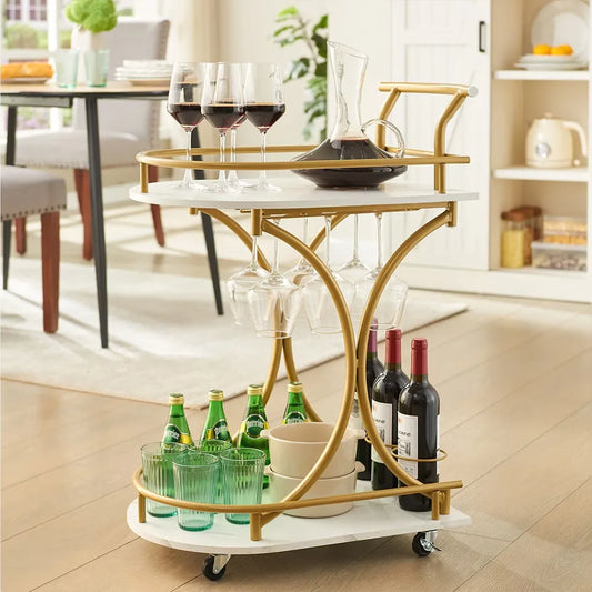 Gold Bar Cart with Wheels | 2-Tier Marble Serving Cart for Home