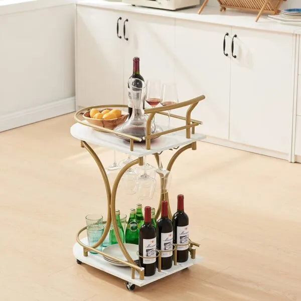 Gold Bar Cart with Wheels | 2-Tier Marble Serving Cart for Home