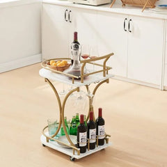 Gold Bar Cart with Wheels | 2-Tier Marble Serving Cart for Home
