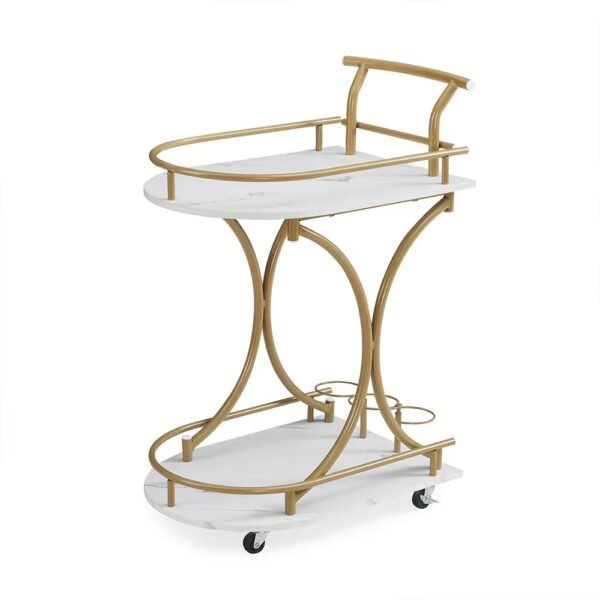 Gold Bar Cart with Wheels | 2-Tier Marble Serving Cart for Home - Image 3