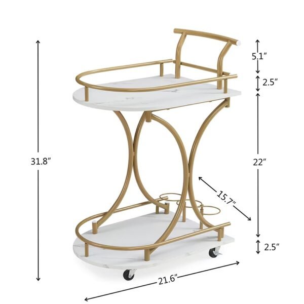 Gold Bar Cart with Wheels | 2-Tier Marble Serving Cart for Home - Image 7