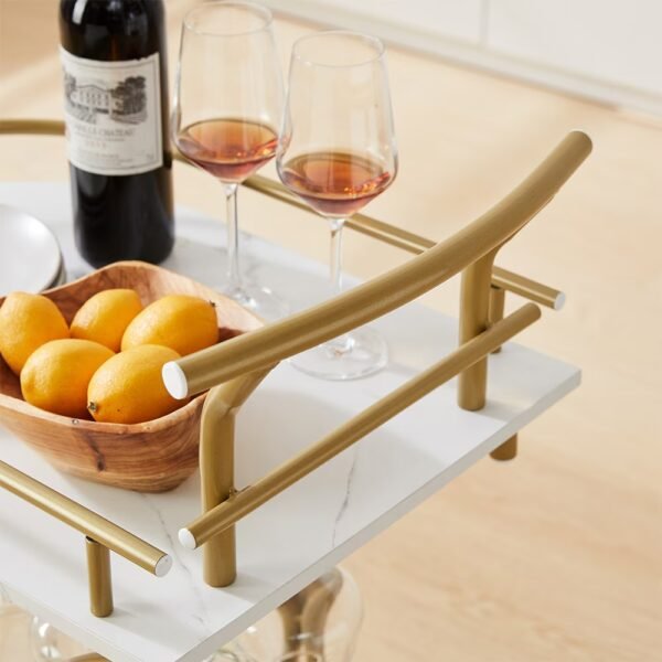 Gold Bar Cart with Wheels | 2-Tier Marble Serving Cart for Home - Image 2