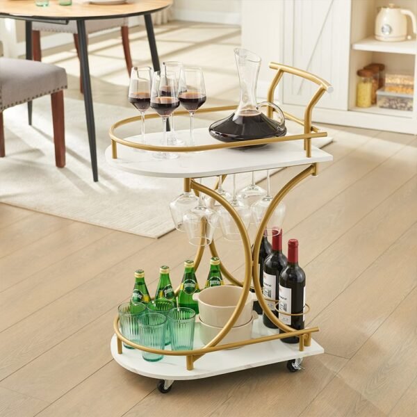 Gold Bar Cart with Wheels | 2-Tier Marble Serving Cart for Home - Image 4