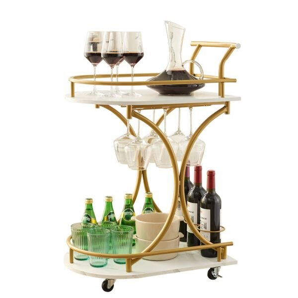 Gold Bar Cart with Wheels | 2-Tier Marble Serving Cart for Home - Image 8