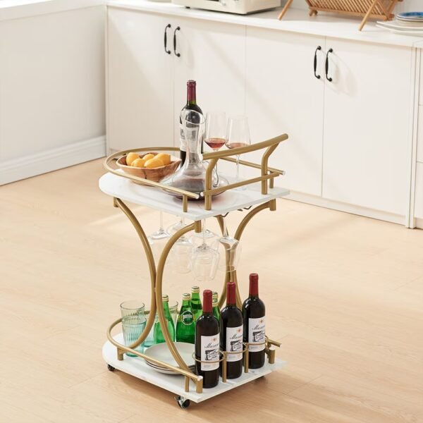 Gold Bar Cart with Wheels | 2-Tier Marble Serving Cart for Home - Image 6
